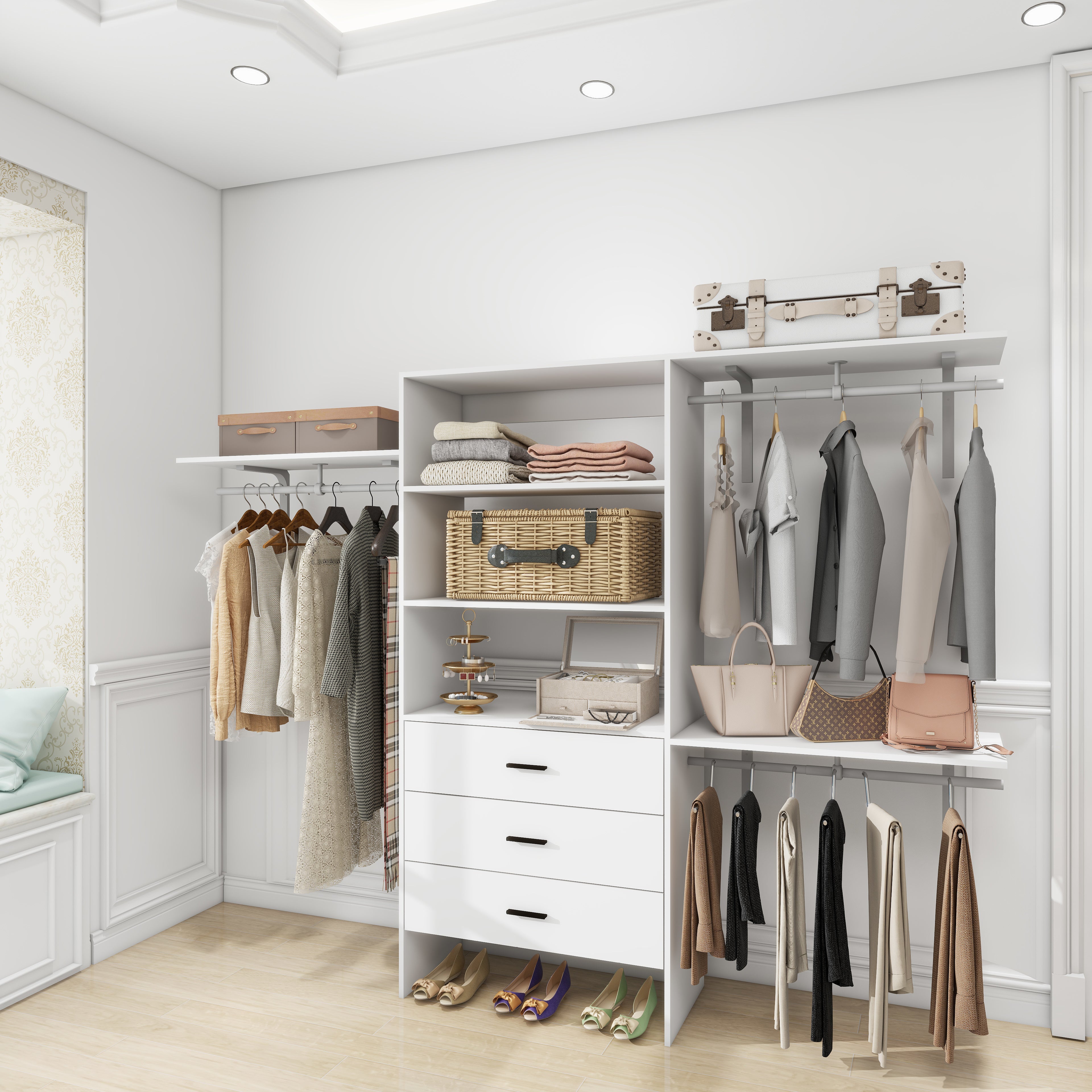 306 Closet Organizer System with Closet Shelves Wall Mounted, White Clothing Racks for Hanging Clothes, Clothes Organizer with Closet Drawers, Wooden Wardrobe Closet System with Hanging Rod - HomeVista Furniture's Llc