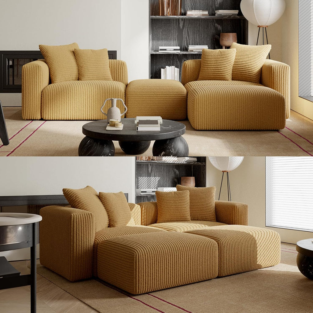 Corduroy Convertible Modular L Shaped Sectional Sofa, 4 Seater Free Combination Corner Couch, Convertible to Daybed, Wide Loveseat with Moveable Ottomans for Small Spaces, Sleeper Bed, Yellow