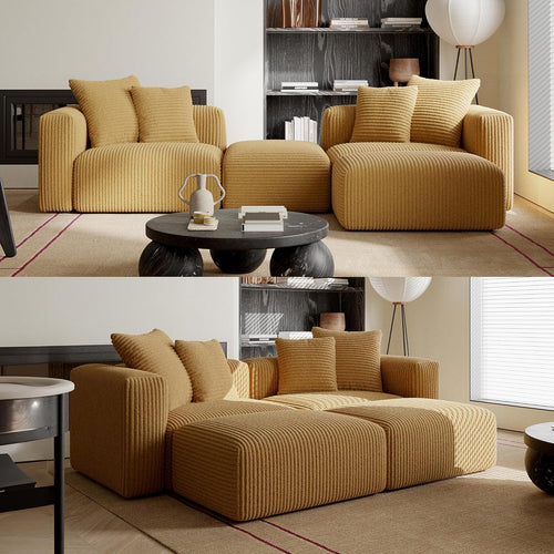 Corduroy Convertible Modular L Shaped Sectional Sofa, 4 Seater Free Combination Corner Couch, Convertible to Daybed, Wide Loveseat with Moveable Ottomans for Small Spaces, Sleeper Bed, Yellow