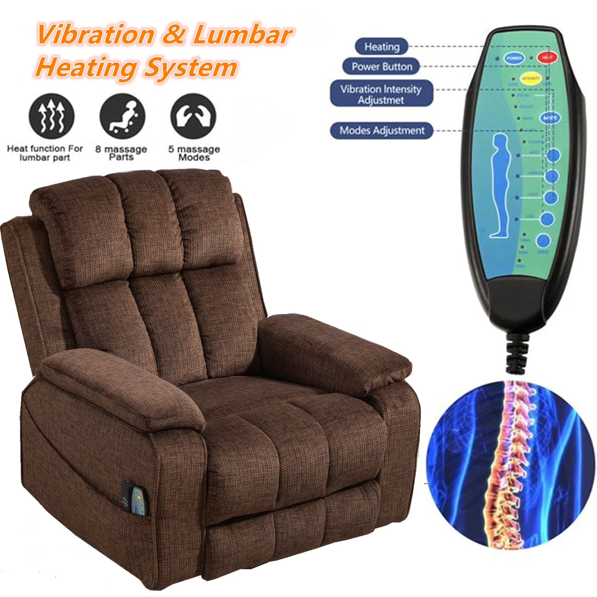 Oversized Lifting Recliners for Seniors, Extended Footrest, Big and Tall Recliners 400 Lbs Lay Flat Recliner with Heat & Massage Side Storage Cup Holder for Elderly Relaxing