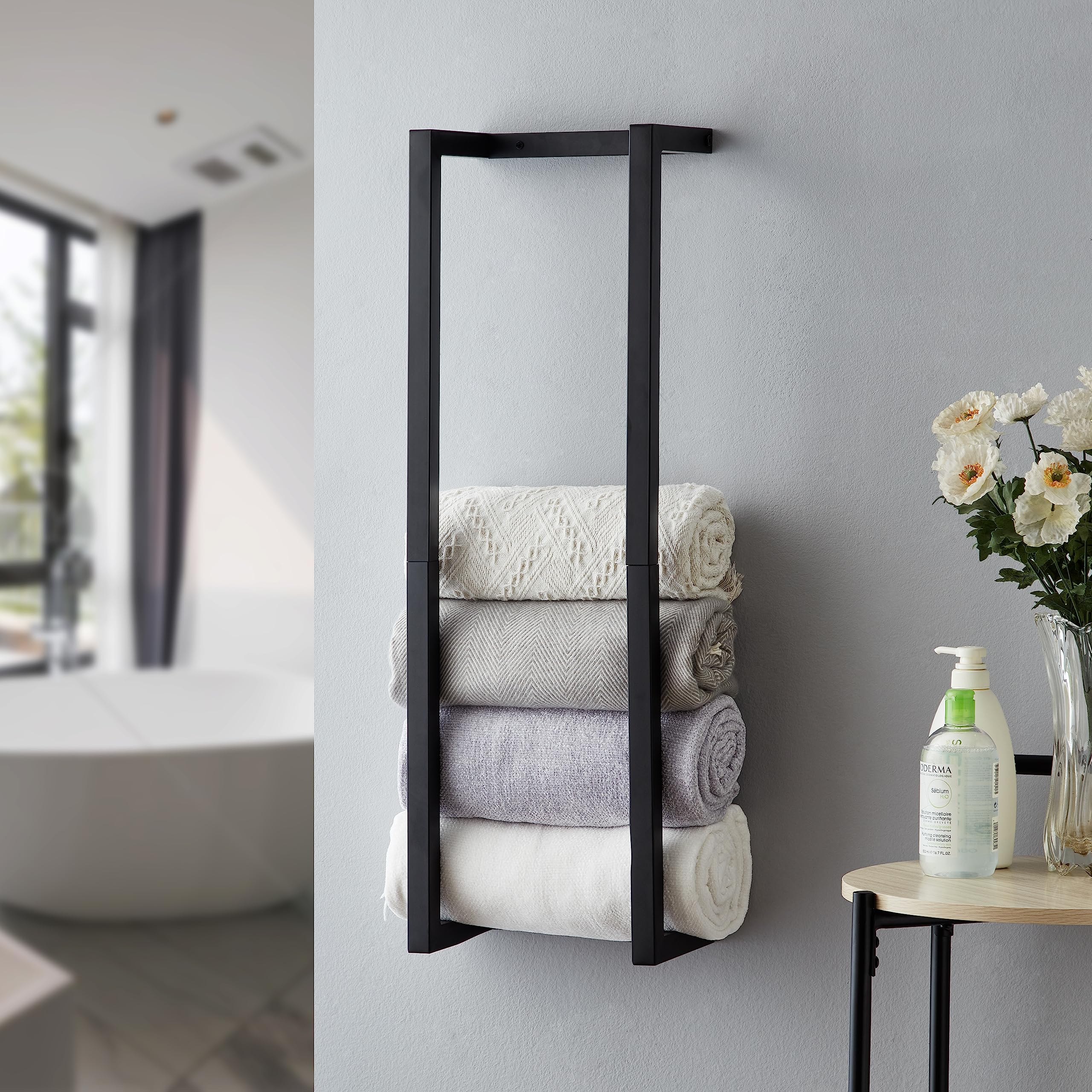 Towel Rack for Rolled Towels Towel Rack for BathroomWall Mounted Metal Bathroom Organizer Bath Towel Holder Wall for Modern Small Space Bathroom Towel Storage (Black) - HomeVista Furniture's Llc
