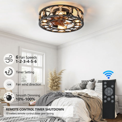 Cage Ceiling Fan With Light Remote Control, Low-profile Built-in Farmhouse Modern Ceiling Fan, 6 Speed Reversible Blades, Including 5 LED Bulbs - HomeVista Furniture's Llc