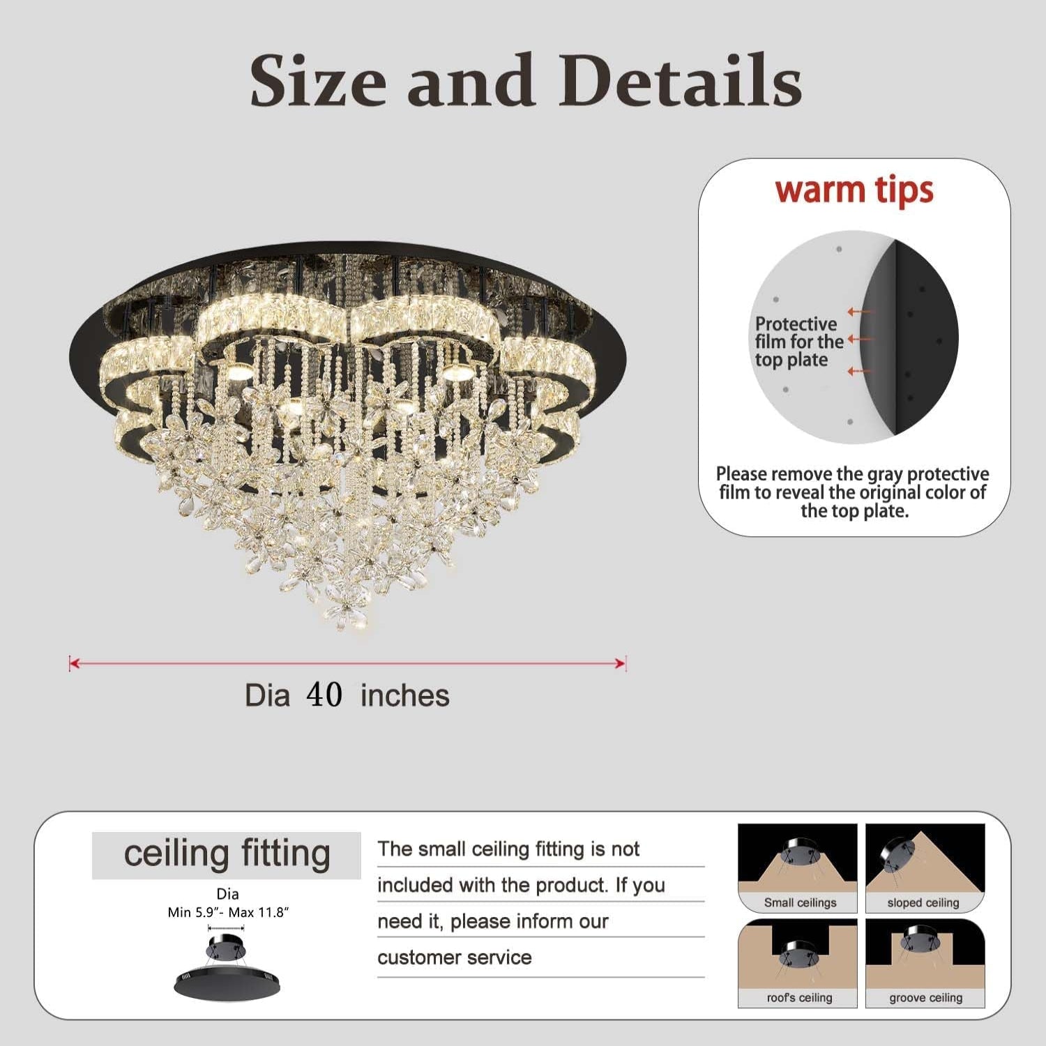 Dia 40“ Modern Chandelier for Living Room Crystal Chandeliers Black Flush Mount Ceiling Light Fixture for Dining Room Living Room Bedroom Hallway LED Dimmable 2700K 4500K 6000K