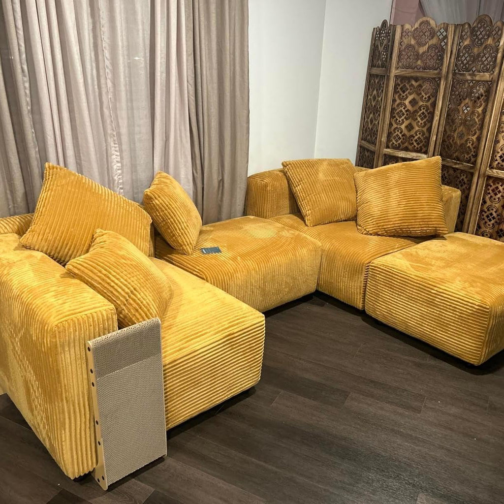 Corduroy Convertible Modular L Shaped Sectional Sofa, 4 Seater Free Combination Corner Couch, Convertible to Daybed, Wide Loveseat with Moveable Ottomans for Small Spaces, Sleeper Bed, Yellow