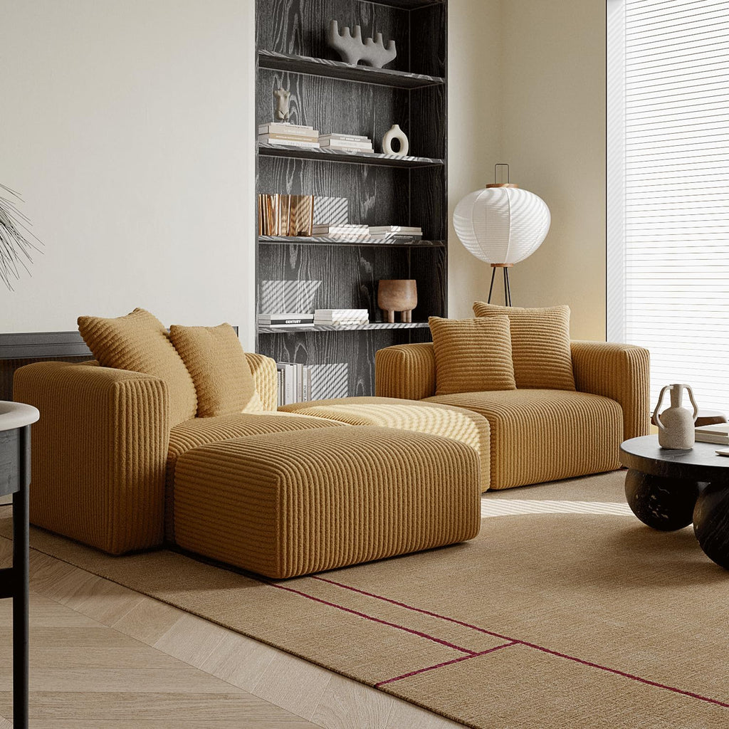 Corduroy Convertible Modular L Shaped Sectional Sofa, 4 Seater Free Combination Corner Couch, Convertible to Daybed, Wide Loveseat with Moveable Ottomans for Small Spaces, Sleeper Bed, Yellow