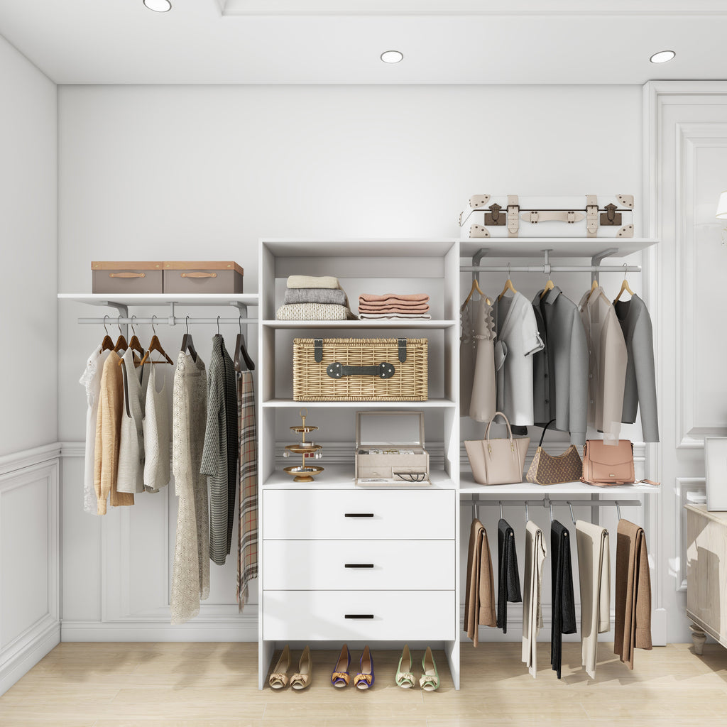 306 Closet Organizer System with Closet Shelves Wall Mounted, White Clothing Racks for Hanging Clothes, Clothes Organizer with Closet Drawers, Wooden Wardrobe Closet System with Hanging Rod - HomeVista Furniture's Llc
