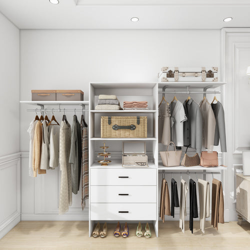 306 Closet Organizer System with Closet Shelves Wall Mounted, White Clothing Racks for Hanging Clothes, Clothes Organizer with Closet Drawers, Wooden Wardrobe Closet System with Hanging Rod - HomeVista Furniture's Llc