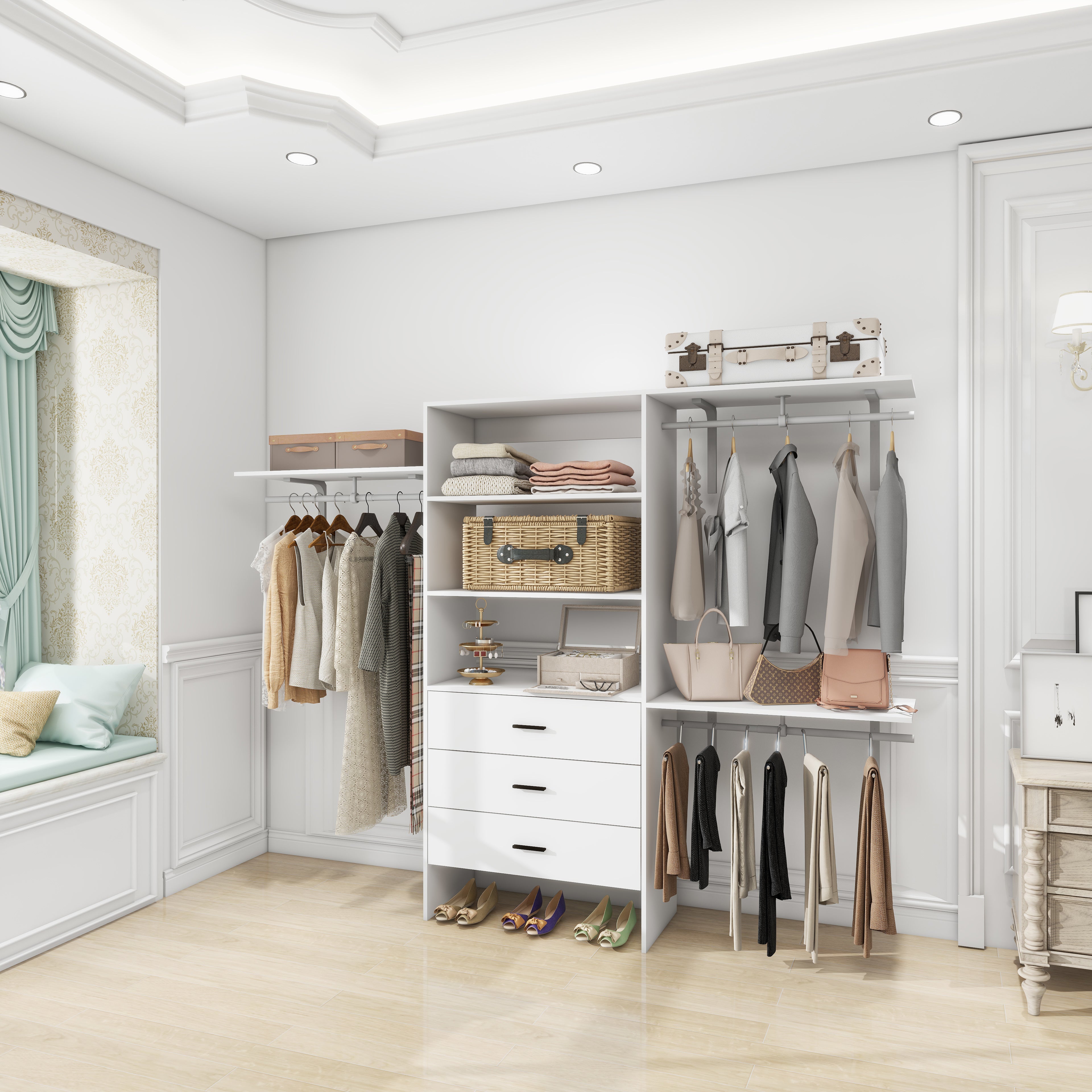306 Closet Organizer System with Closet Shelves Wall Mounted, White Clothing Racks for Hanging Clothes, Clothes Organizer with Closet Drawers, Wooden Wardrobe Closet System with Hanging Rod - HomeVista Furniture's Llc