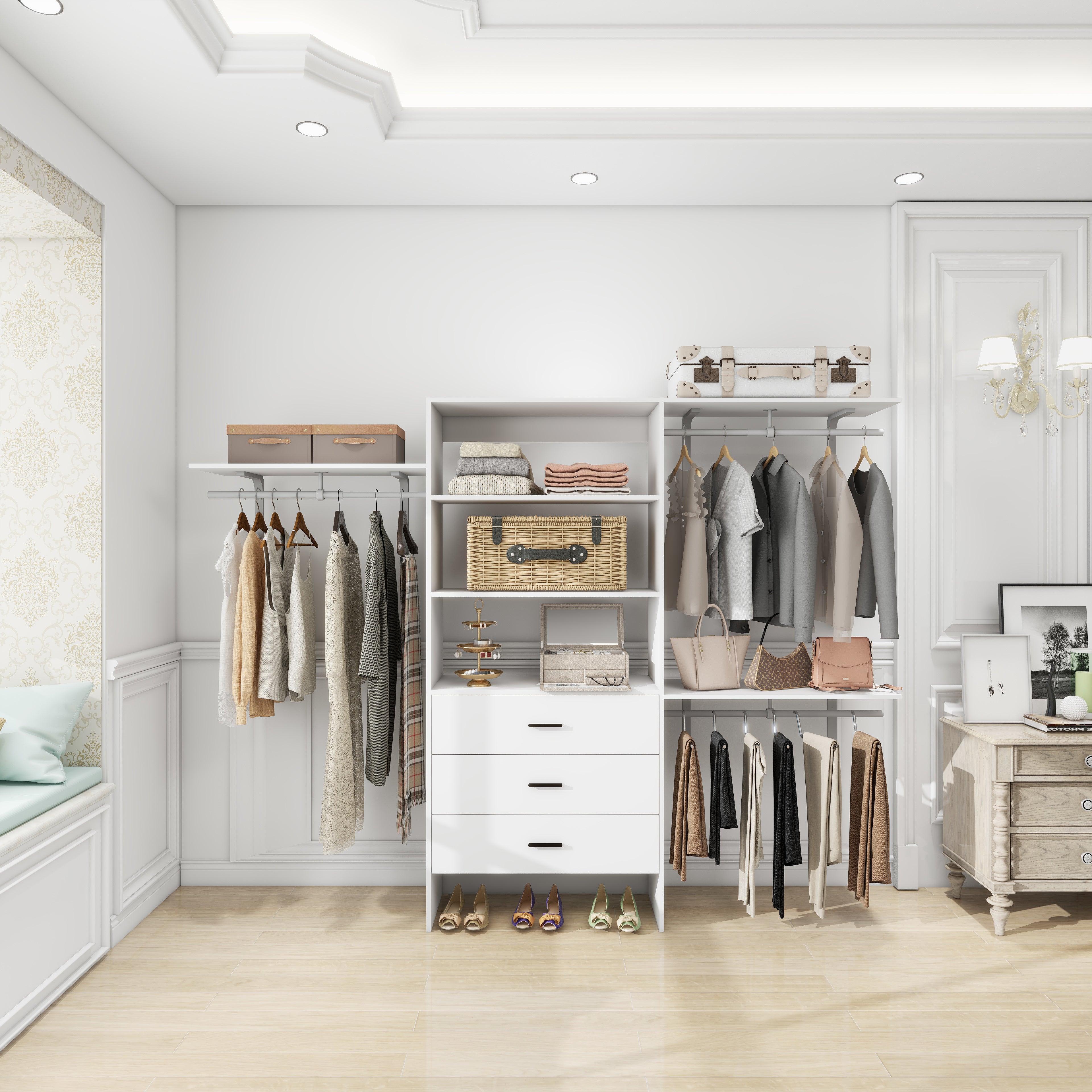 306 Closet Organizer System with Closet Shelves Wall Mounted, White Clothing Racks for Hanging Clothes, Clothes Organizer with Closet Drawers, Wooden Wardrobe Closet System with Hanging Rod - HomeVista Furniture's Llc