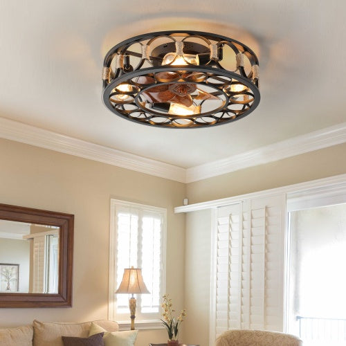 Cage Ceiling Fan With Light Remote Control, Low-profile Built-in Farmhouse Modern Ceiling Fan, 6 Speed Reversible Blades, Including 5 LED Bulbs - HomeVista Furniture's Llc