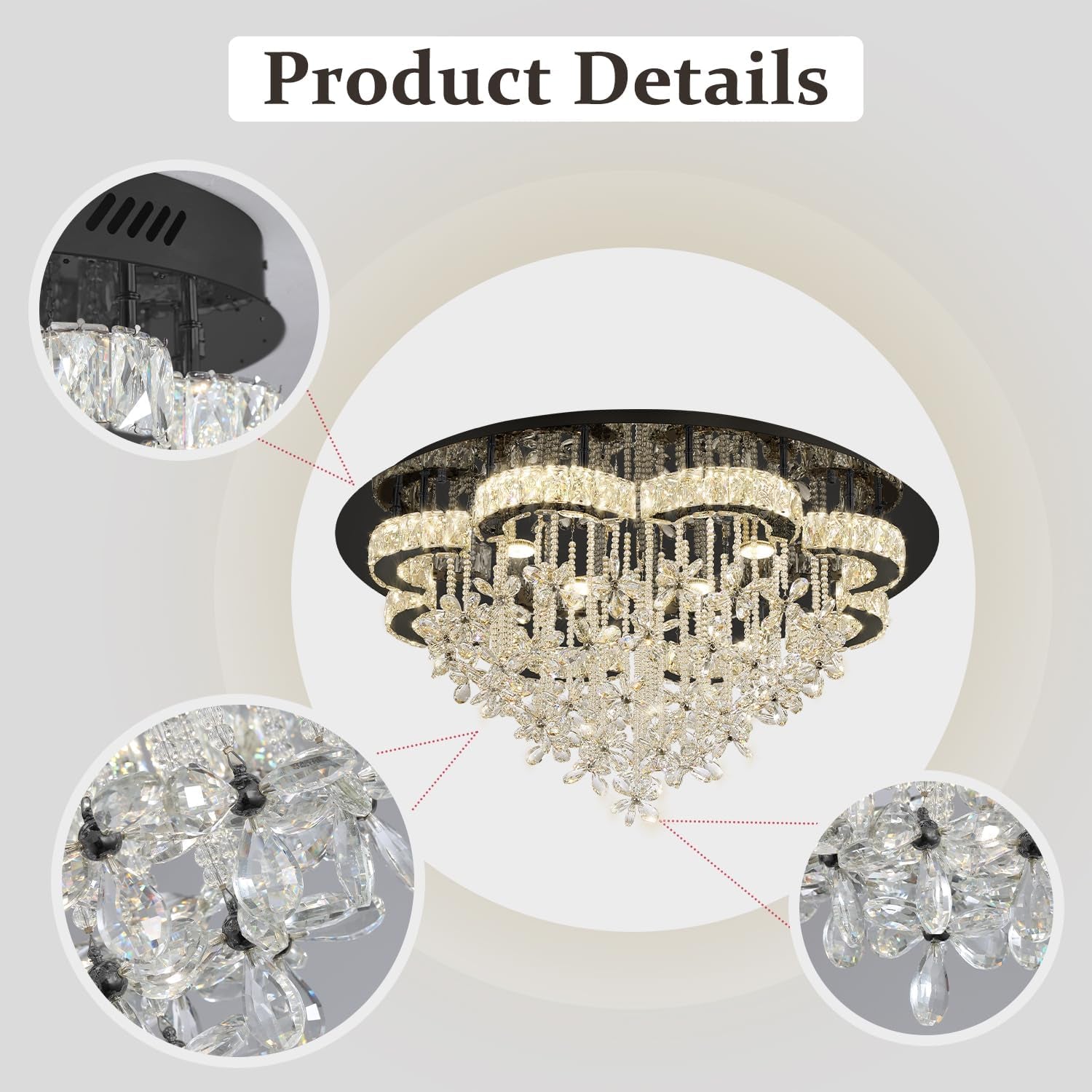 Dia 40“ Modern Chandelier for Living Room Crystal Chandeliers Black Flush Mount Ceiling Light Fixture for Dining Room Living Room Bedroom Hallway LED Dimmable 2700K 4500K 6000K