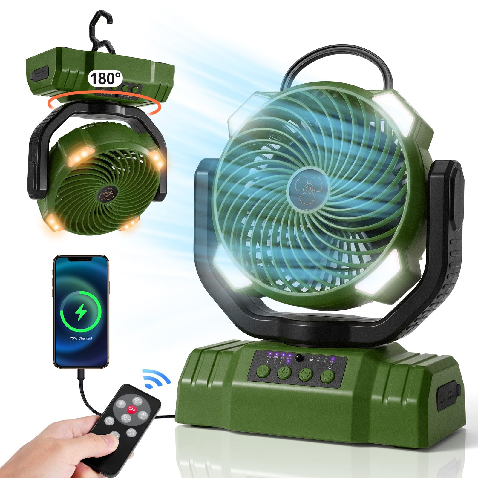 Odoland Portable Camping Fan with LED Light 30000mAh Rechargeable Battery Operated Oscillating Fan with Remote & Hook Outdoor Tent Fan with Timer 4 Speeds for Power Outage Travel Jobsite Green - HomeVista Furniture's Llc