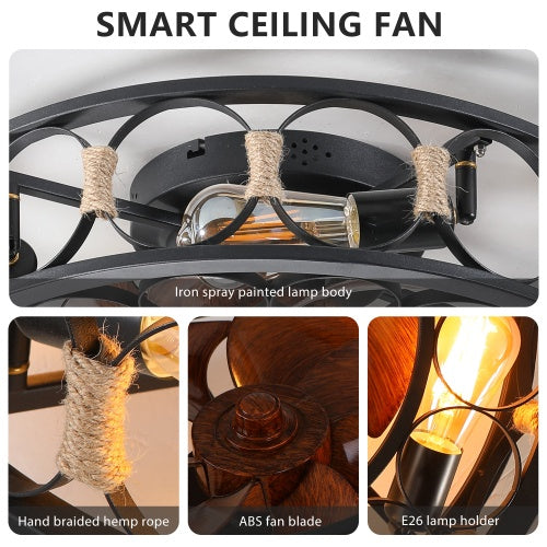 Cage Ceiling Fan With Light Remote Control, Low-profile Built-in Farmhouse Modern Ceiling Fan, 6 Speed Reversible Blades, Including 5 LED Bulbs - HomeVista Furniture's Llc
