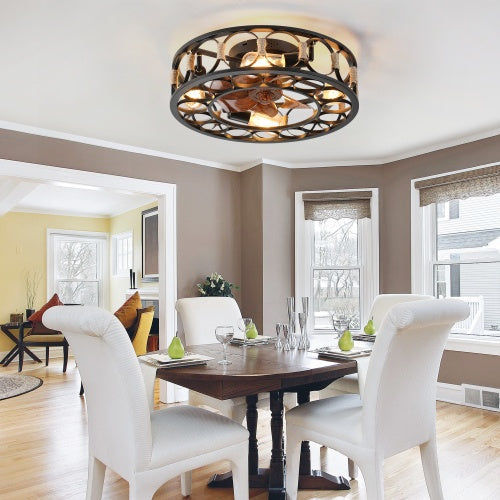 Cage Ceiling Fan With Light Remote Control, Low-profile Built-in Farmhouse Modern Ceiling Fan, 6 Speed Reversible Blades, Including 5 LED Bulbs - HomeVista Furniture's Llc