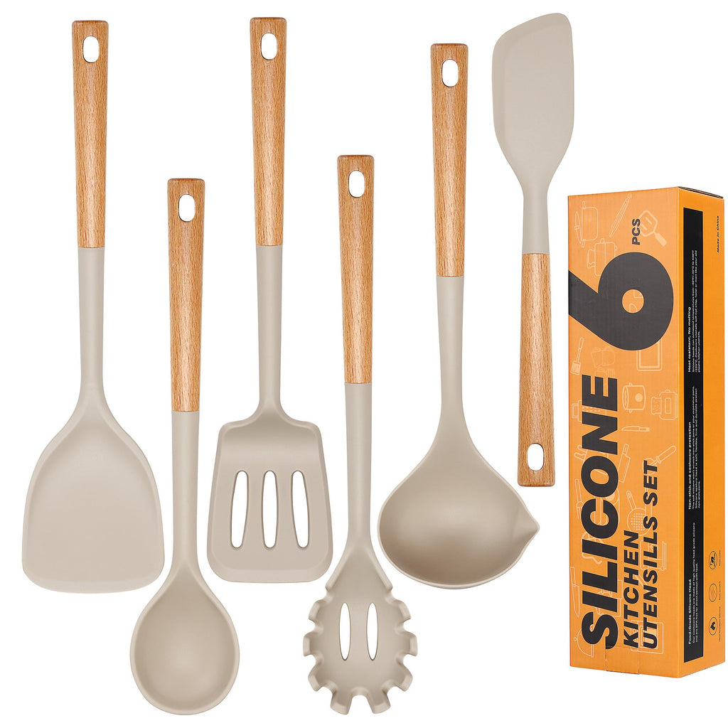 Kitchen Utensils Set Hvygss 6Pcs Large Silicone Cooking Utensils Set 446℉ Heat Resistant Non-Stick Silicone Utensils for Cooking with Wooden Handle BPA FREE Kitchen Gadgets Spatula Spoon (Khaki) - HomeVista Furniture's Llc