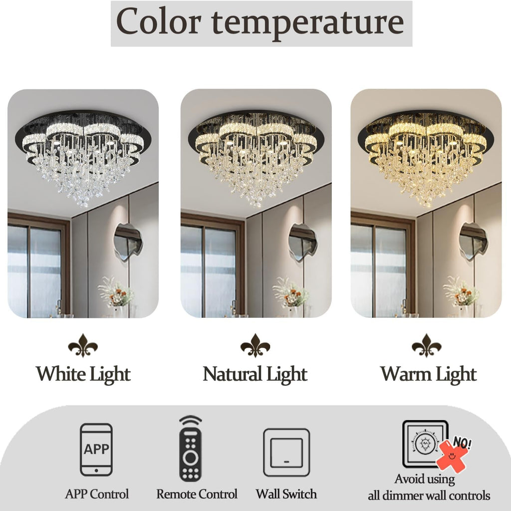Dia 40“ Modern Chandelier for Living Room Crystal Chandeliers Black Flush Mount Ceiling Light Fixture for Dining Room Living Room Bedroom Hallway LED Dimmable 2700K 4500K 6000K