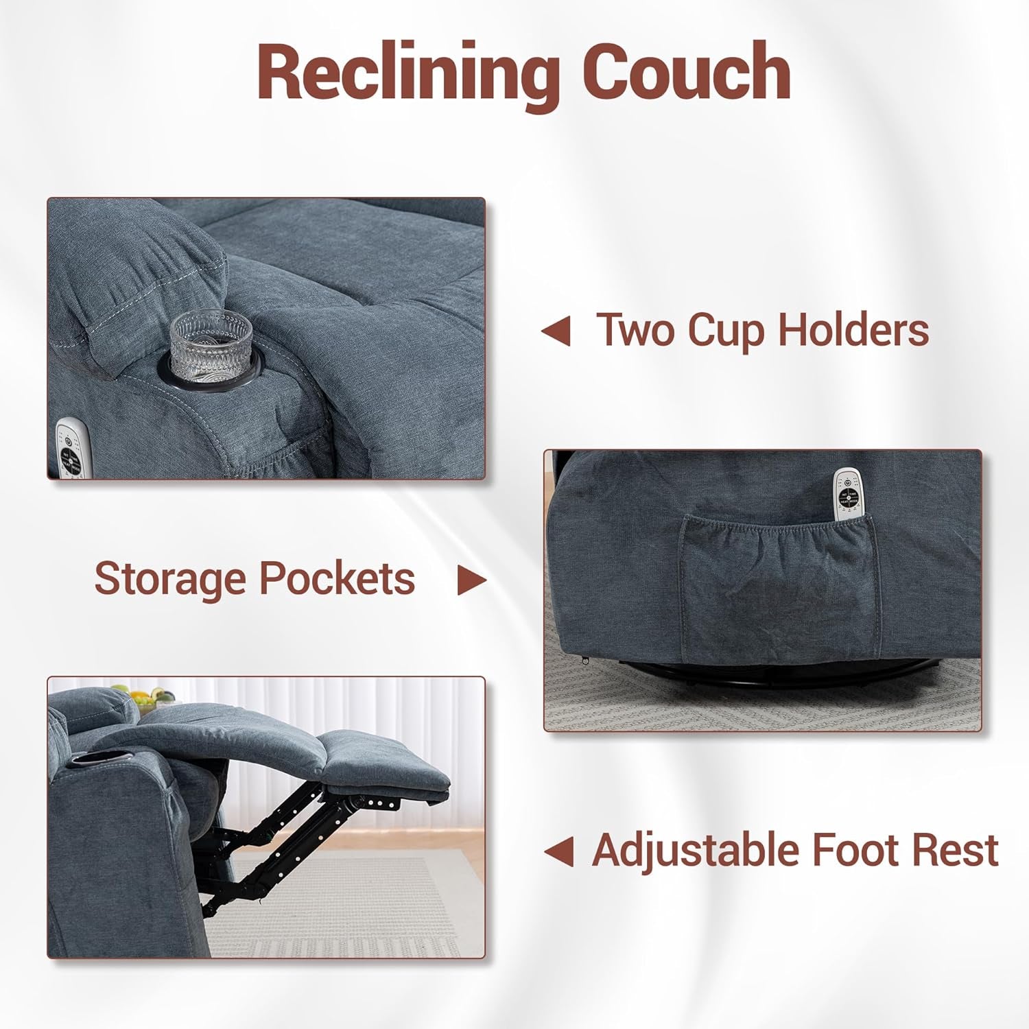 Manual Reclining Sofa Set, 3 Piece Recliner Living Room Furniture Sets with Side Pockets, Cup Holders for Home Theater, Office (Blue, Sofa+Loveseat+Chair)