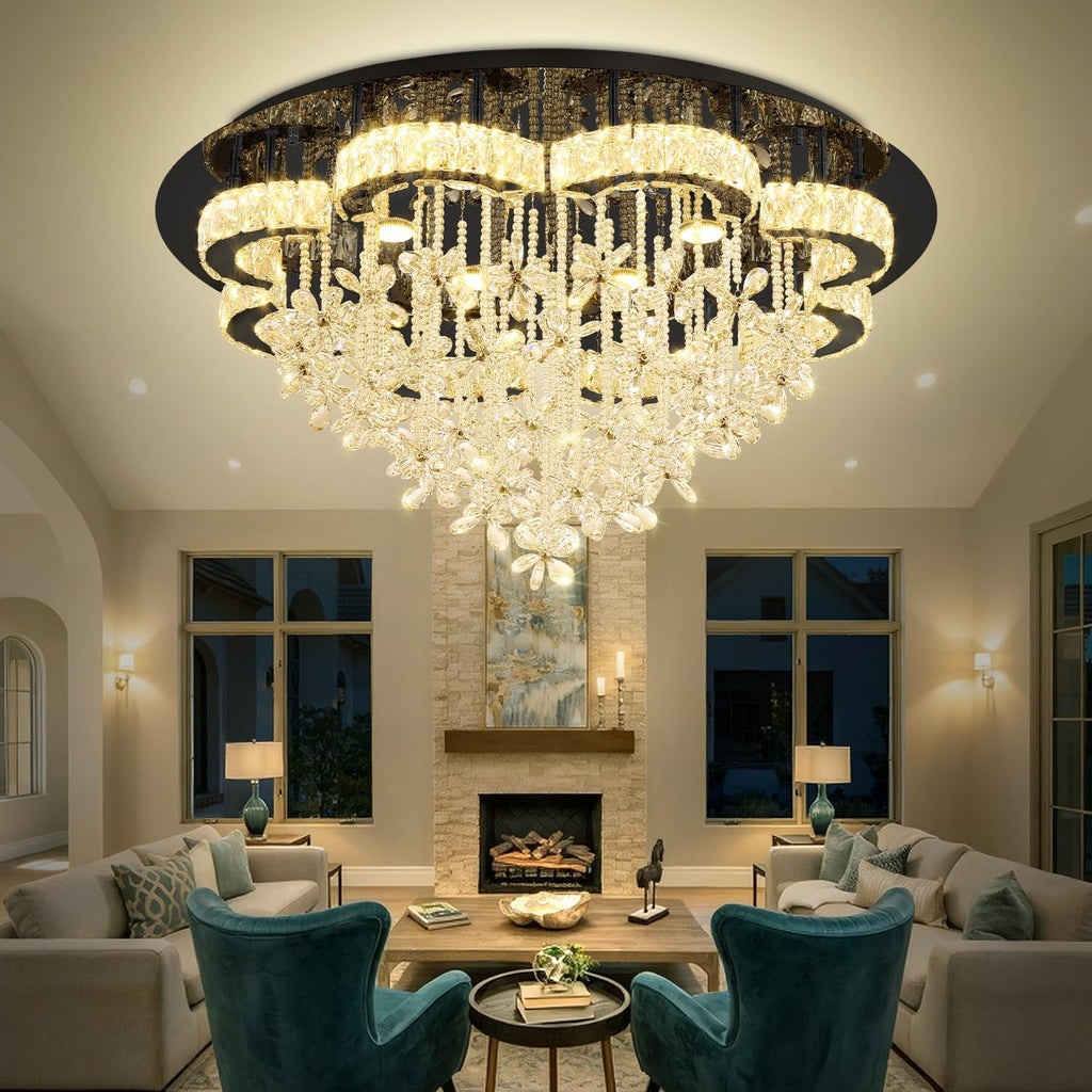 Dia 40“ Modern Chandelier for Living Room Crystal Chandeliers Black Flush Mount Ceiling Light Fixture for Dining Room Living Room Bedroom Hallway LED Dimmable 2700K 4500K 6000K