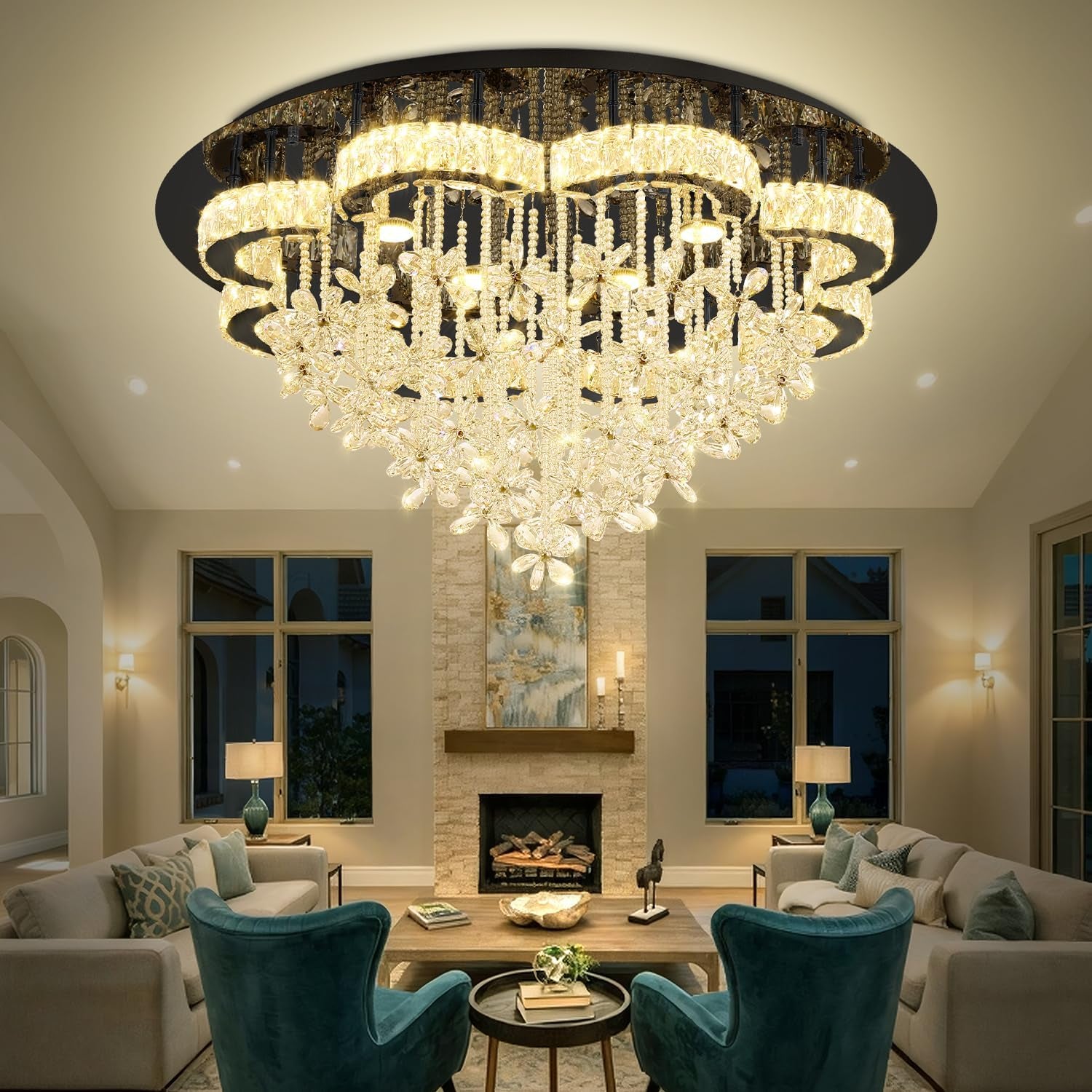 Dia 40“ Modern Chandelier for Living Room Crystal Chandeliers Black Flush Mount Ceiling Light Fixture for Dining Room Living Room Bedroom Hallway LED Dimmable 2700K 4500K 6000K