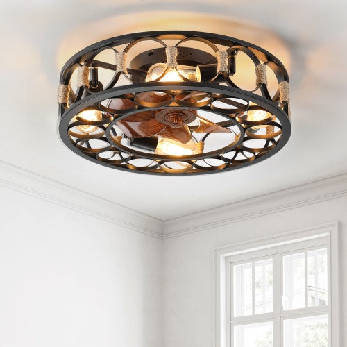 Cage Ceiling Fan With Light Remote Control, Low-profile Built-in Farmhouse Modern Ceiling Fan, 6 Speed Reversible Blades, Including 5 LED Bulbs - HomeVista Furniture's Llc