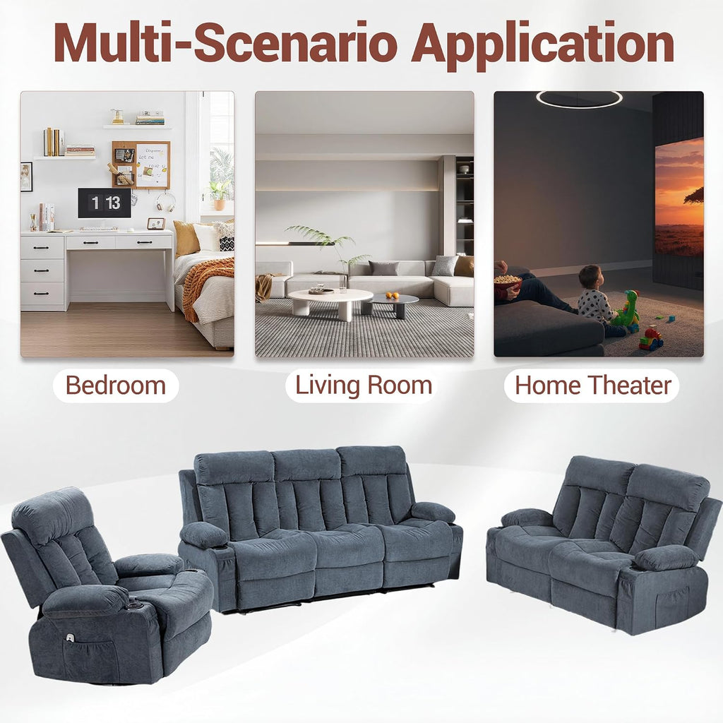 Manual Reclining Sofa Set, 3 Piece Recliner Living Room Furniture Sets with Side Pockets, Cup Holders for Home Theater, Office (Blue, Sofa+Loveseat+Chair)
