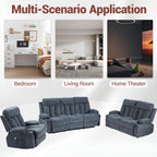 Manual Reclining Sofa Set, 3 Piece Recliner Living Room Furniture Sets with Side Pockets, Cup Holders for Home Theater, Office (Blue, Sofa+Loveseat+Chair)