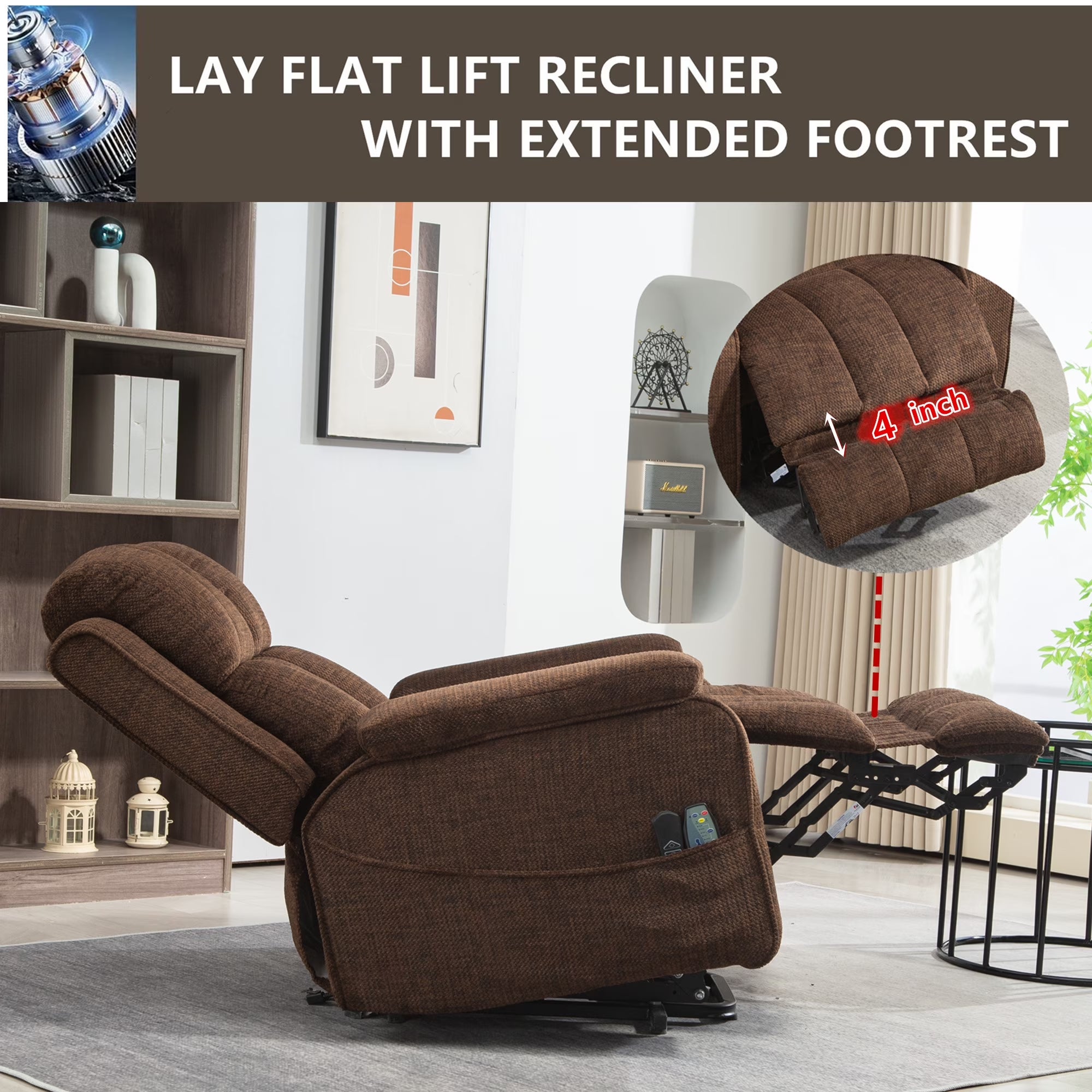 Oversized Lifting Recliners for Seniors, Extended Footrest, Big and Tall Recliners 400 Lbs Lay Flat Recliner with Heat & Massage Side Storage Cup Holder for Elderly Relaxing