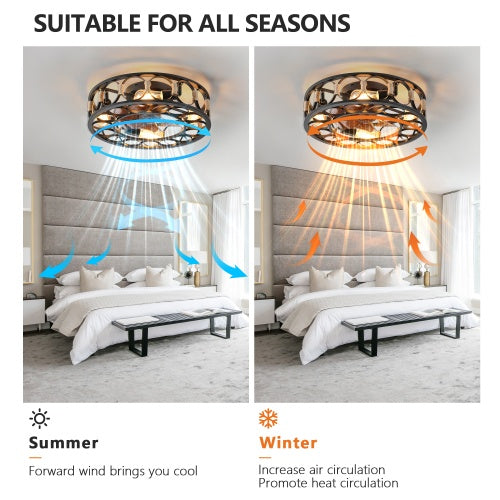 Cage Ceiling Fan With Light Remote Control, Low-profile Built-in Farmhouse Modern Ceiling Fan, 6 Speed Reversible Blades, Including 5 LED Bulbs - HomeVista Furniture's Llc