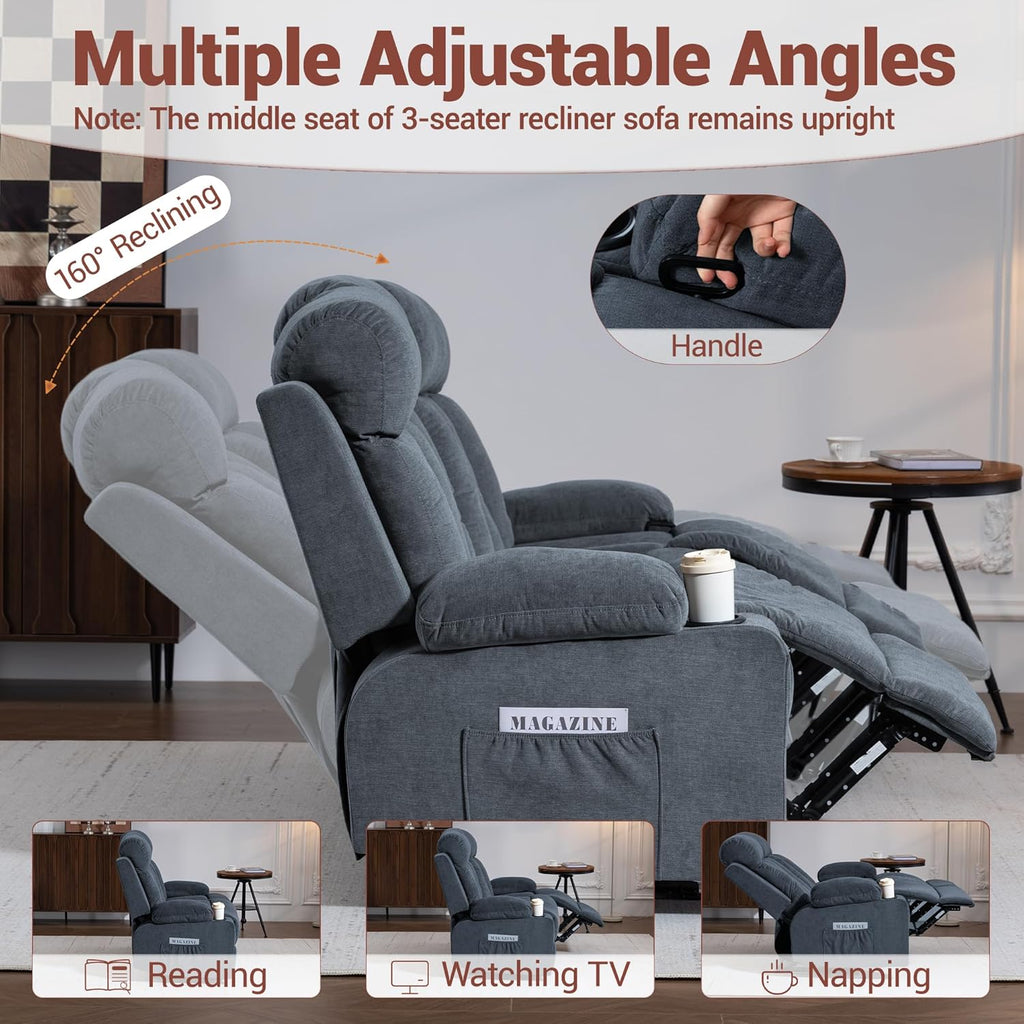 Manual Reclining Sofa Set, 3 Piece Recliner Living Room Furniture Sets with Side Pockets, Cup Holders for Home Theater, Office (Blue, Sofa+Loveseat+Chair)