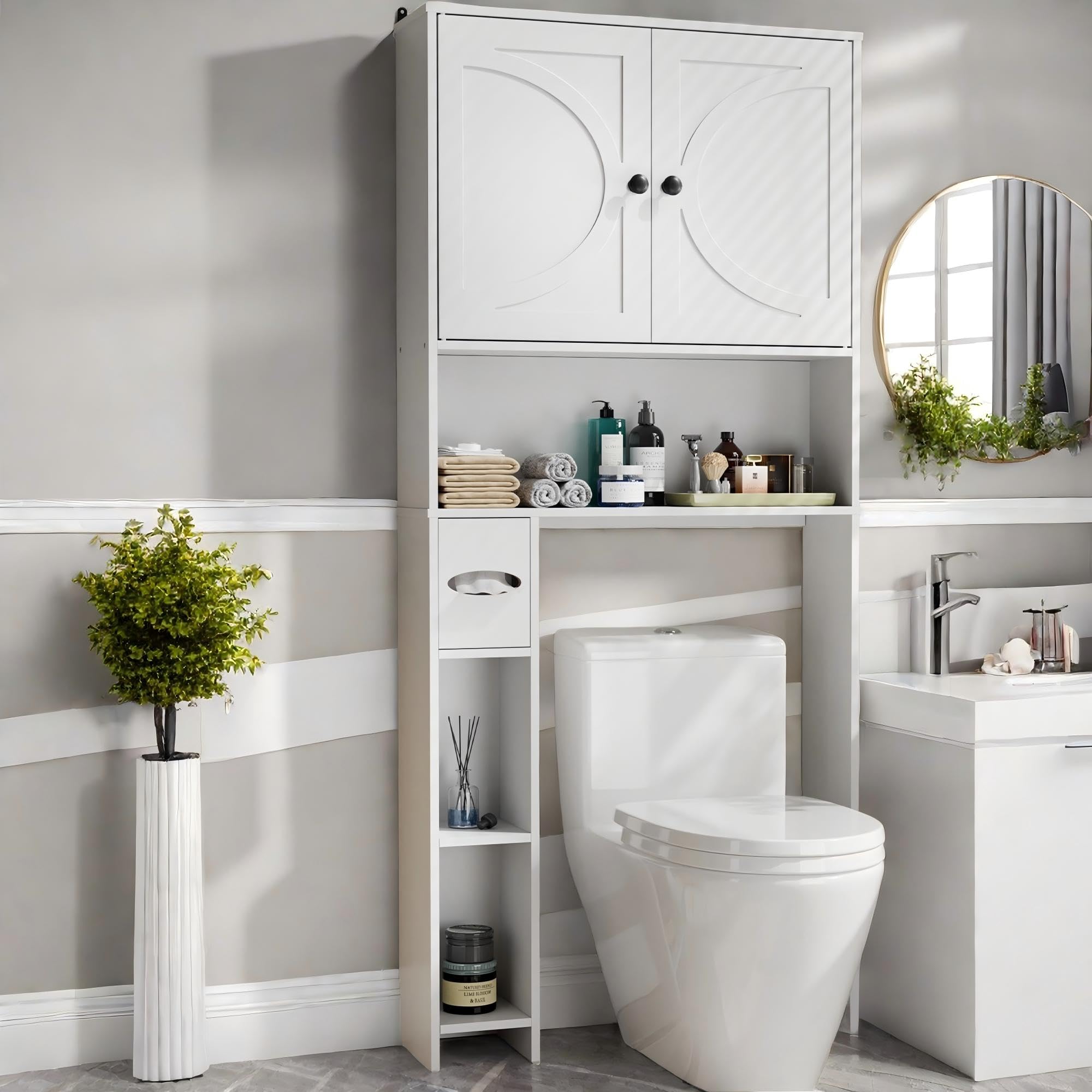 infurnic Over The Toilet Storage Cabinet Farmhouse Wooden Storage Cabinet Over Toilet Bathroom Organizer with Adjustable Shelves Toilet Paper Holder for Bathroom，Laundry Room&Small Space White - HomeVista Furniture's Llc