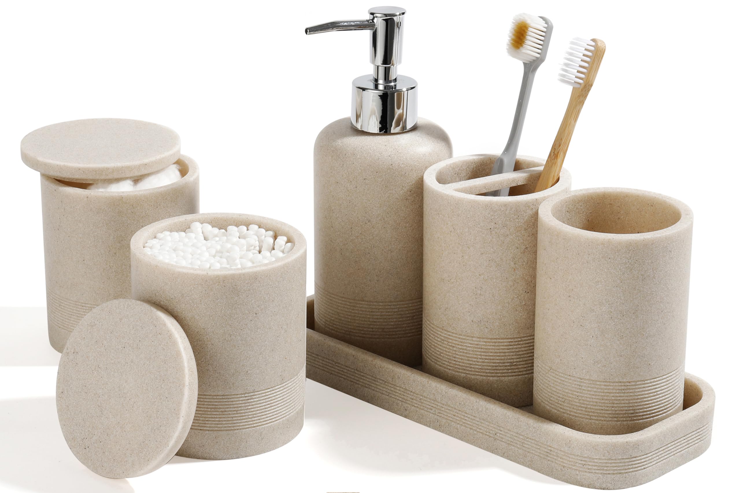 Bathroom Accessories Set 6-Piece Bathroom Accessory Set Toothbrush Holders Set Soap Dispenser Vanity Tray Tumbler Cotton Swab Jars Bathroom Organizer for Modern Bathrooms(Beige) - HomeVista Furniture's Llc