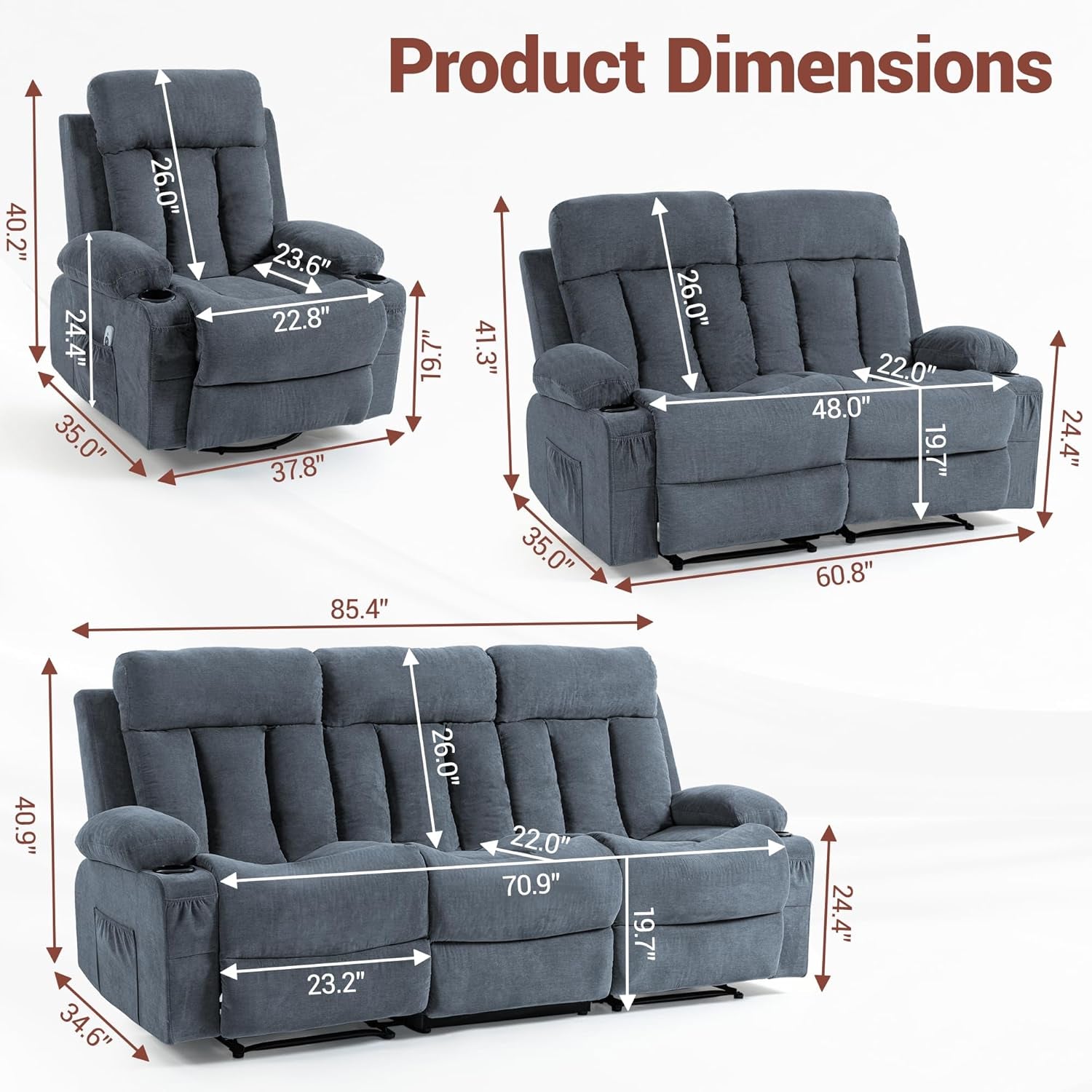 Manual Reclining Sofa Set, 3 Piece Recliner Living Room Furniture Sets with Side Pockets, Cup Holders for Home Theater, Office (Blue, Sofa+Loveseat+Chair)