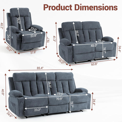 Manual Reclining Sofa Set, 3 Piece Recliner Living Room Furniture Sets with Side Pockets, Cup Holders for Home Theater, Office (Blue, Sofa+Loveseat+Chair)