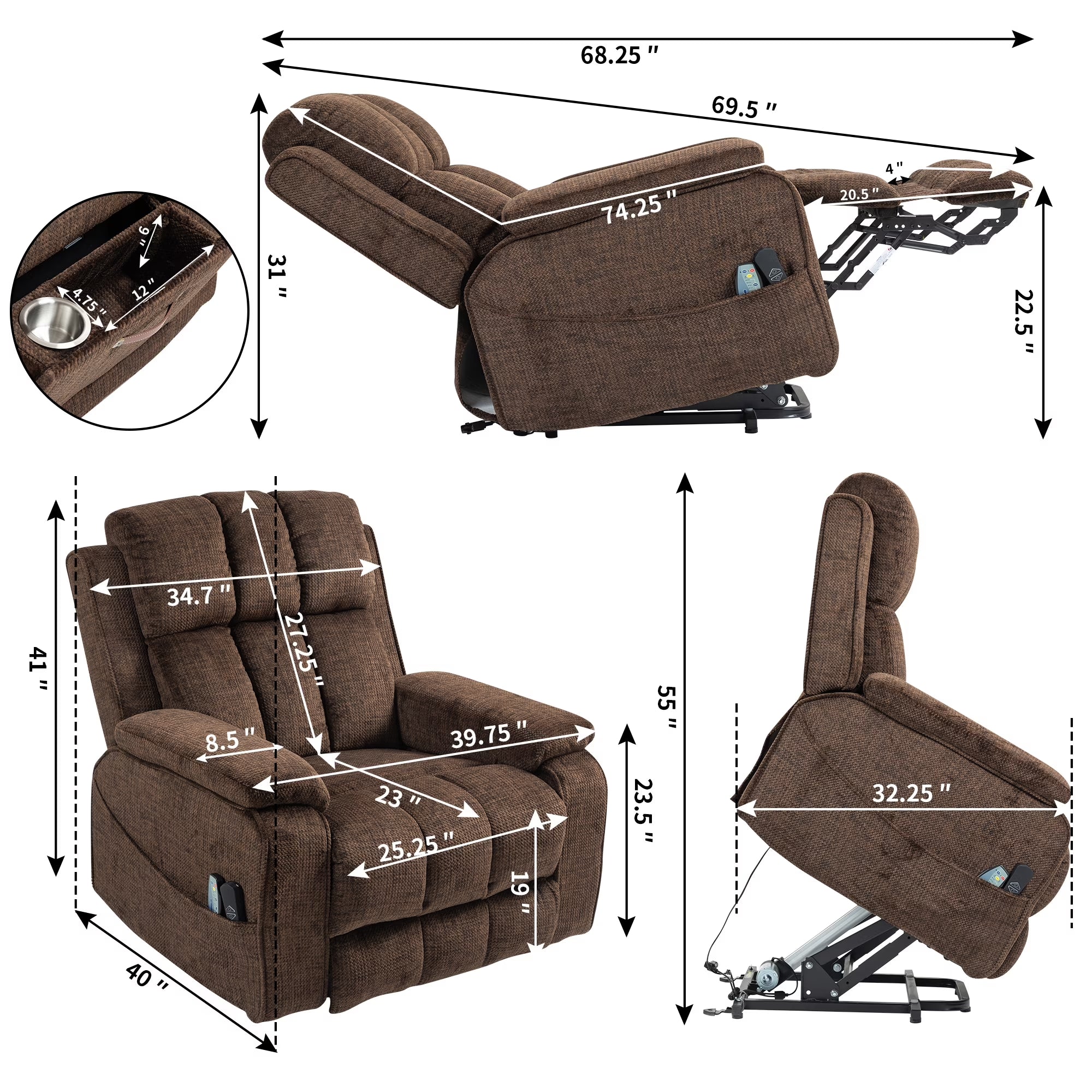 Oversized Lifting Recliners for Seniors, Extended Footrest, Big and Tall Recliners 400 Lbs Lay Flat Recliner with Heat & Massage Side Storage Cup Holder for Elderly Relaxing