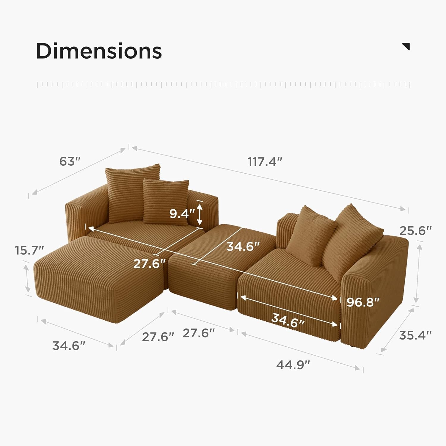 Corduroy Convertible Modular L Shaped Sectional Sofa, 4 Seater Free Combination Corner Couch, Convertible to Daybed, Wide Loveseat with Moveable Ottomans for Small Spaces, Sleeper Bed, Yellow