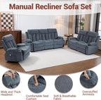 Manual Reclining Sofa Set, 3 Piece Recliner Living Room Furniture Sets with Side Pockets, Cup Holders for Home Theater, Office (Blue, Sofa+Loveseat+Chair)