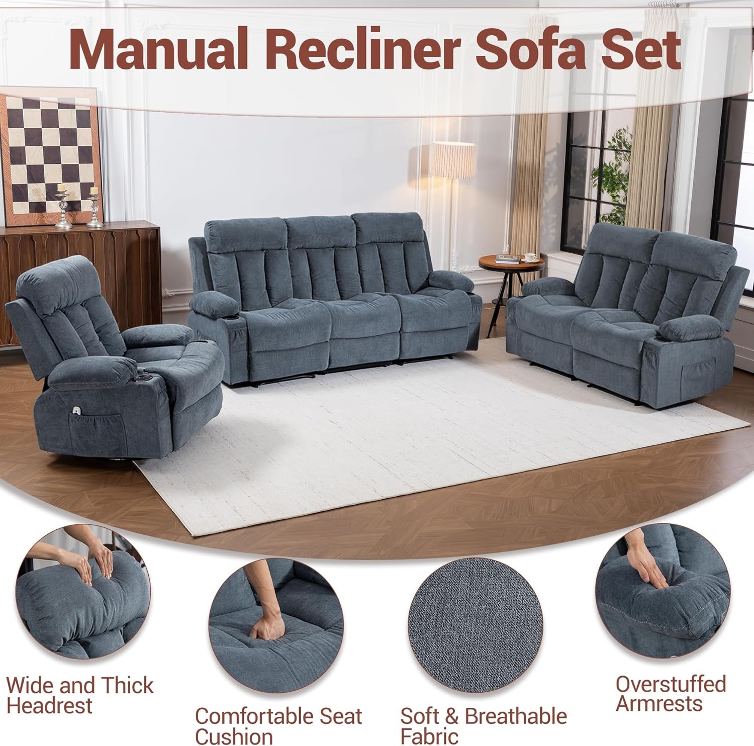 Manual Reclining Sofa Set, 3 Piece Recliner Living Room Furniture Sets with Side Pockets, Cup Holders for Home Theater, Office (Blue, Sofa+Loveseat+Chair)