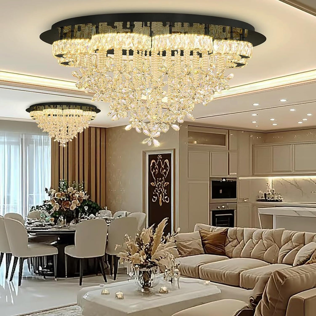 Dia 40“ Modern Chandelier for Living Room Crystal Chandeliers Black Flush Mount Ceiling Light Fixture for Dining Room Living Room Bedroom Hallway LED Dimmable 2700K 4500K 6000K