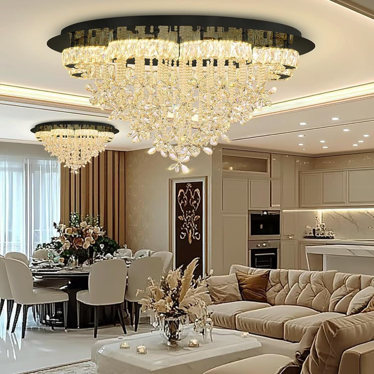 Dia 40“ Modern Chandelier for Living Room Crystal Chandeliers Black Flush Mount Ceiling Light Fixture for Dining Room Living Room Bedroom Hallway LED Dimmable 2700K 4500K 6000K