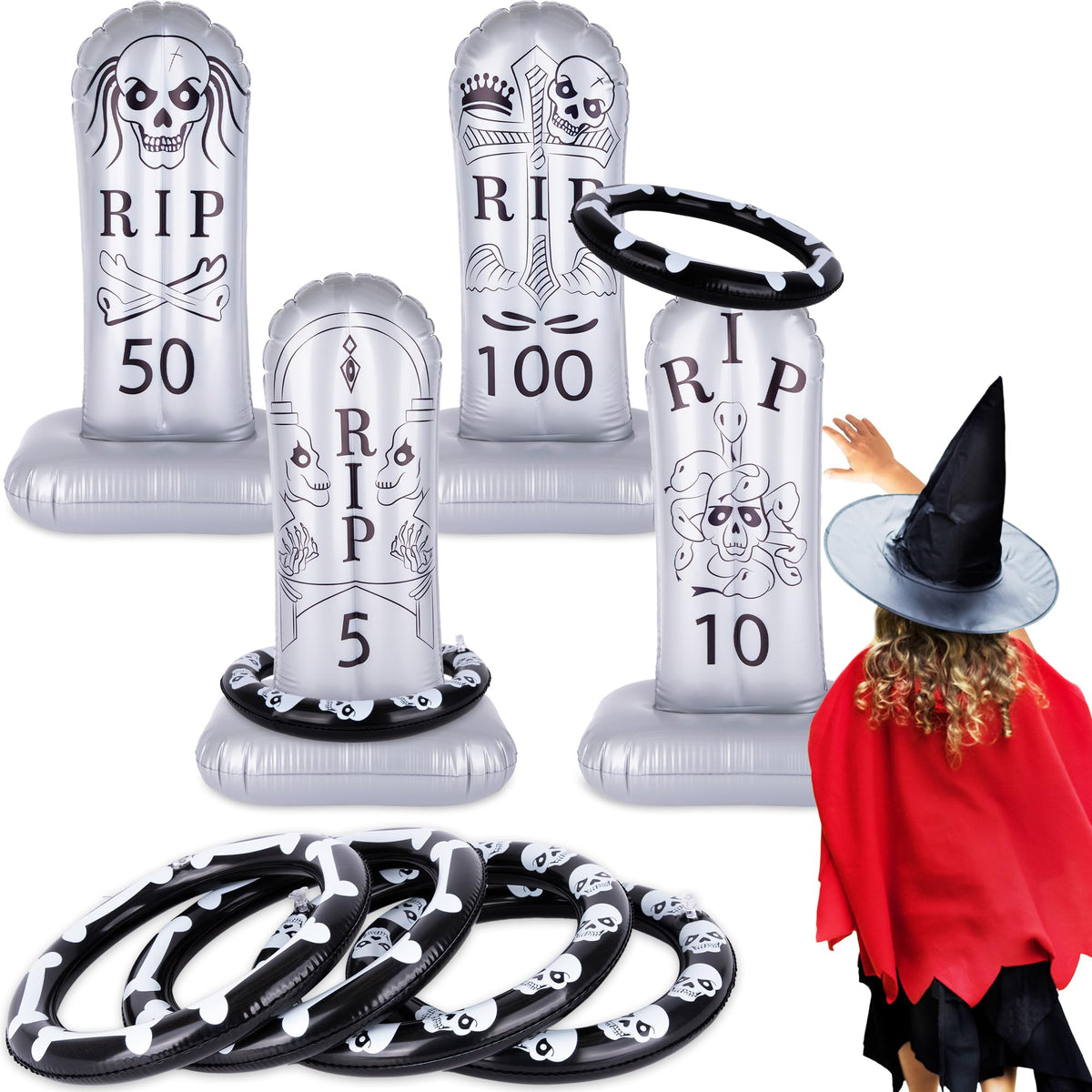 ArtCreativity Tombstone Halloween Ring Toss - Set of 4 - Gravestone Ring Toss Halloween Game for Kids with Weighted Bottoms - Doubles as Inflatable Halloween Decor - Halloween Toss Games