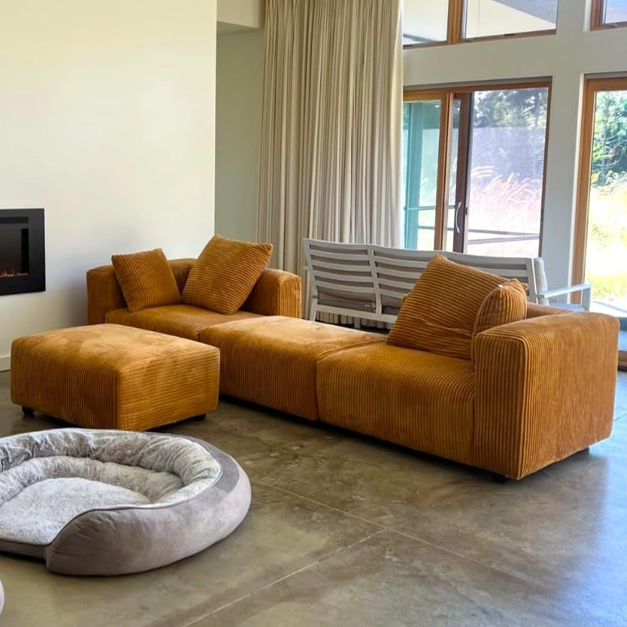Corduroy Convertible Modular L Shaped Sectional Sofa, 4 Seater Free Combination Corner Couch, Convertible to Daybed, Wide Loveseat with Moveable Ottomans for Small Spaces, Sleeper Bed, Yellow