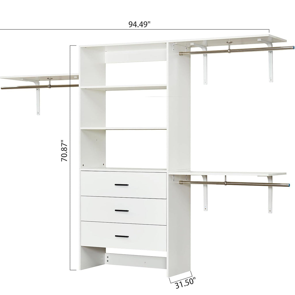 306 Closet Organizer System with Closet Shelves Wall Mounted, White Clothing Racks for Hanging Clothes, Clothes Organizer with Closet Drawers, Wooden Wardrobe Closet System with Hanging Rod - HomeVista Furniture's Llc