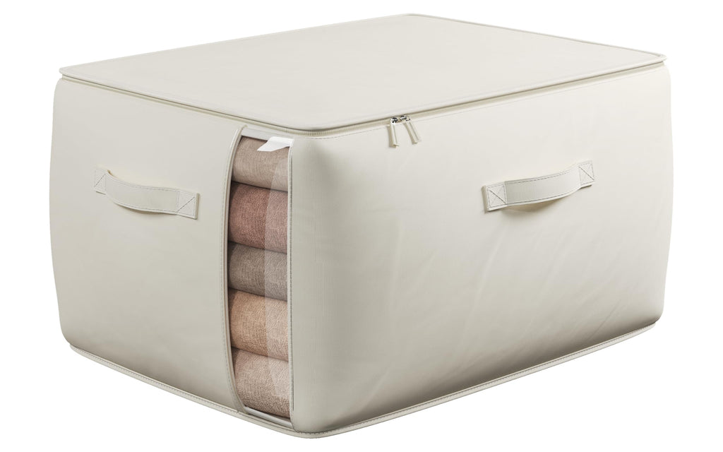 TomVista Large Canvas Clothes Storage Bags with Thick Handles and Clear Window Foldable Cotton Linen Closet Organizer for Clothing Blankets and Bedding 70L 1 Pack Beige - HomeVista Furniture's Llc