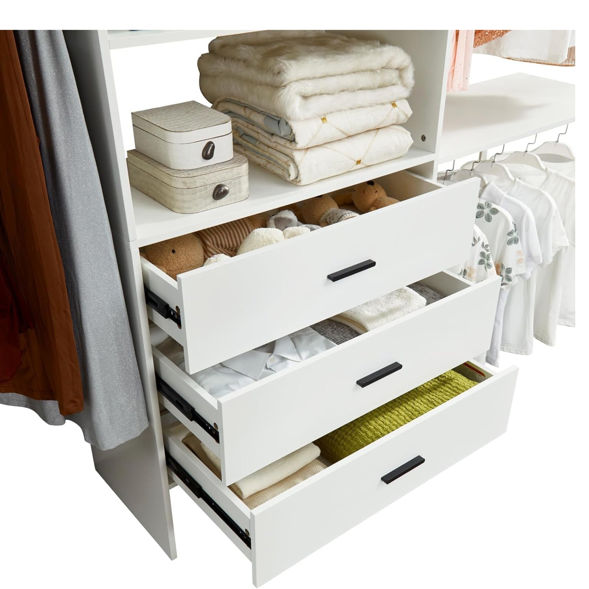 306 Closet Organizer System with Closet Shelves Wall Mounted, White Clothing Racks for Hanging Clothes, Clothes Organizer with Closet Drawers, Wooden Wardrobe Closet System with Hanging Rod - HomeVista Furniture's Llc