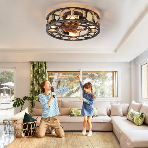 Cage Ceiling Fan With Light Remote Control, Low-profile Built-in Farmhouse Modern Ceiling Fan, 6 Speed Reversible Blades, Including 5 LED Bulbs - HomeVista Furniture's Llc